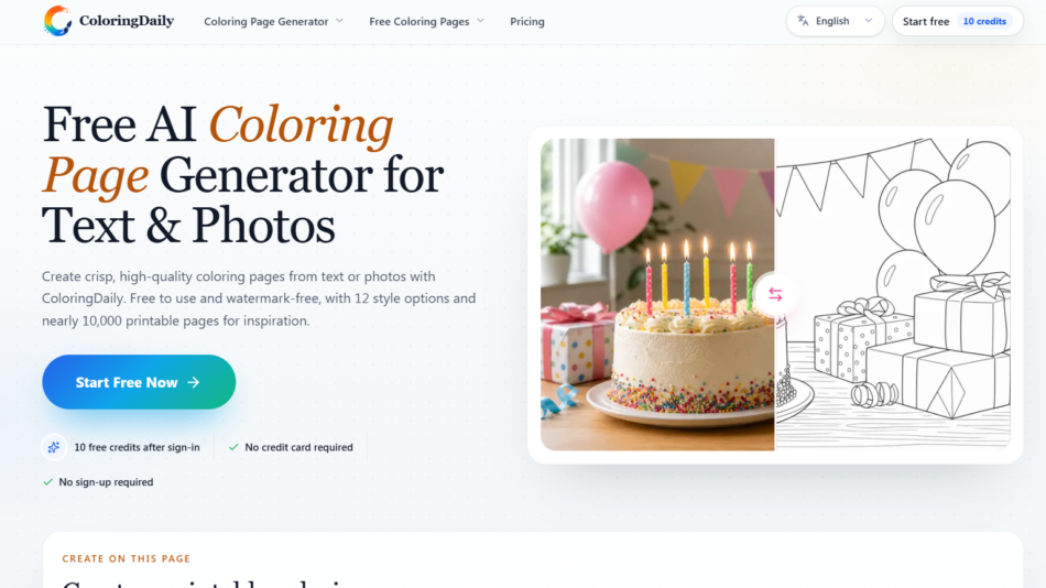 3 - Hero banner for ColoringDaily: 'Free AI Coloring Page Generator for Text & Photos' with a split image of a birthday cake on the left and a black-and-white coloring page on the right in a rounded card
