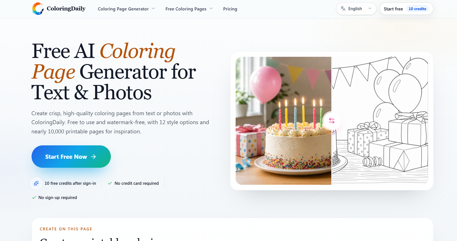 3 - Hero banner for ColoringDaily: 'Free AI Coloring Page Generator for Text & Photos' with a split image of a birthday cake on the left and a black-and-white coloring page on the right in a rounded card