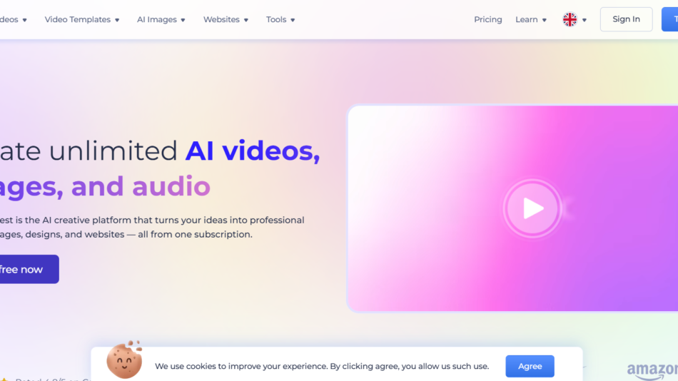 Hero section promoting AI video, image, and audio creation with gradient background and a large play panel on the right.