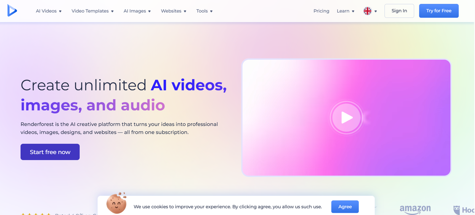3 - Hero section promoting AI video, image, and audio creation with gradient background and a large play panel on the right.