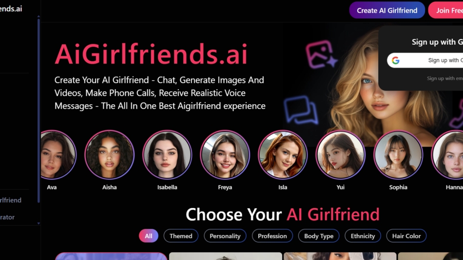 AiGirlfriends.ai landing hero: black banner, large pink logo, subtitle, left menu, and circular avatars labeled Ava, Aisha, Isabella, Freya, Isla, Yui, Sophia, Hannah, See all on a dark background.