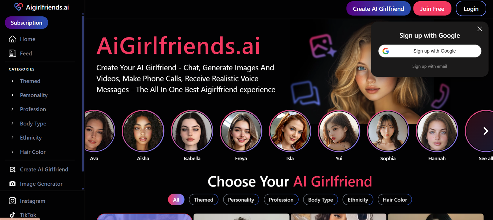 AiGirlfriends.ai landing hero: black banner, large pink logo, subtitle, left menu, and circular avatars labeled Ava, Aisha, Isabella, Freya, Isla, Yui, Sophia, Hannah, See all on a dark background.