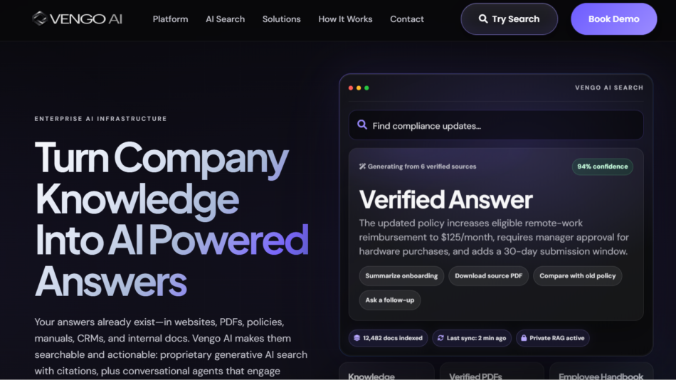 Hero section with bold gradient headline: Turn Company Knowledge Into AI Powered Answers on a dark gradient background.