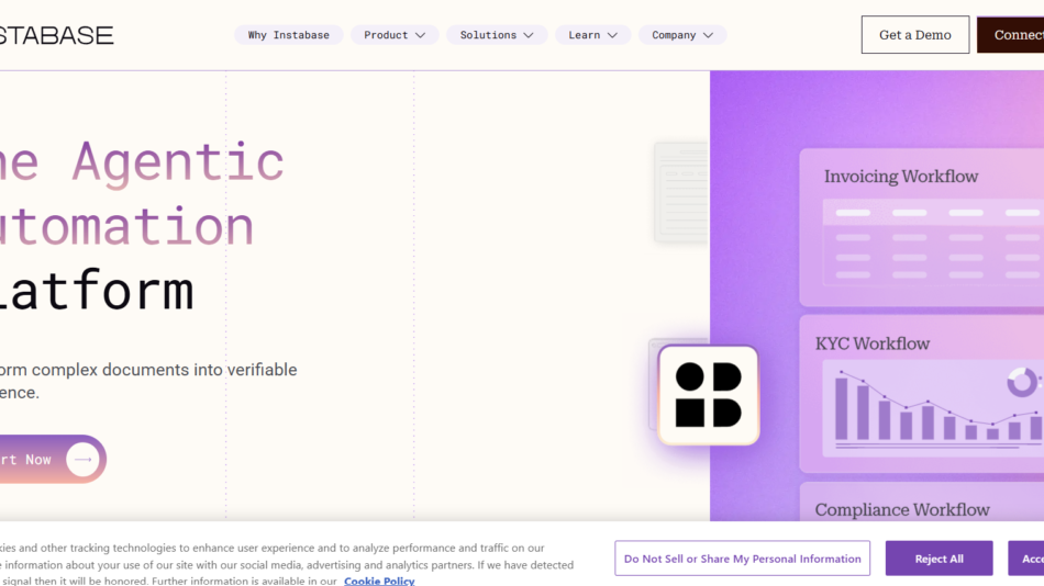 Hero banner for Instabase: left column shows the headline 'The Agentic Automation Platform' with a subheading and a rounded 'Start Now' button; right column features a purple gradient graphic of workflows and charts.