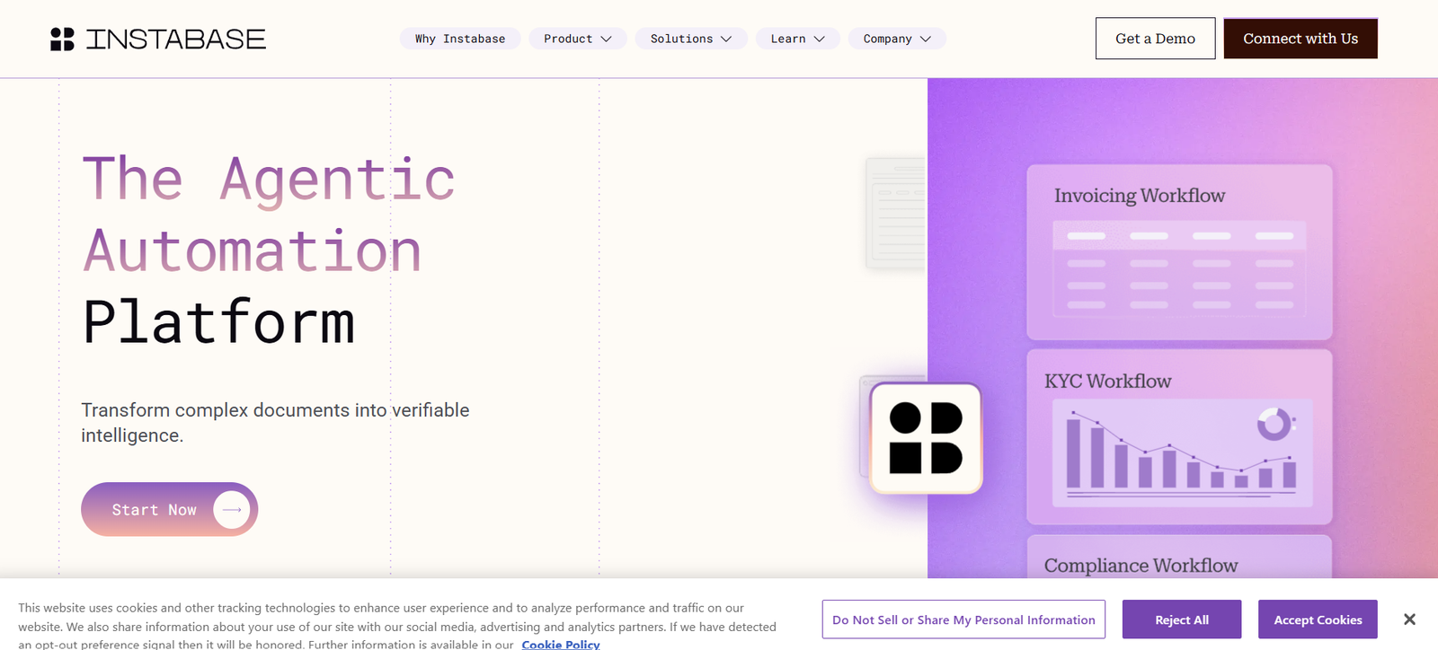 3 - Hero banner for Instabase: left column shows the headline 'The Agentic Automation Platform' with a subheading and a rounded 'Start Now' button; right column features a purple gradient graphic of workflows and charts.