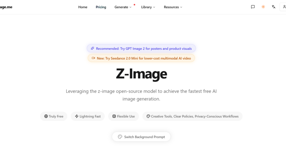 3 - Z-Image homepage hero with logo, navigation bar, two alert badges, and a bold "Z-Image" title with a subtitle about fast open-source AI image generation.