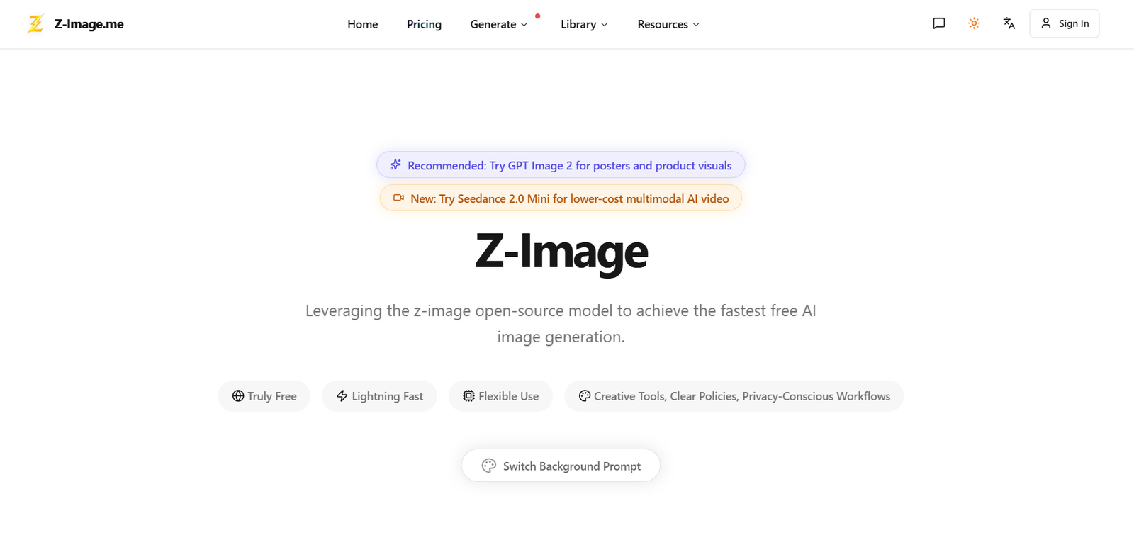 3 - Z-Image homepage hero with logo, navigation bar, two alert badges, and a bold "Z-Image" title with a subtitle about fast open-source AI image generation.