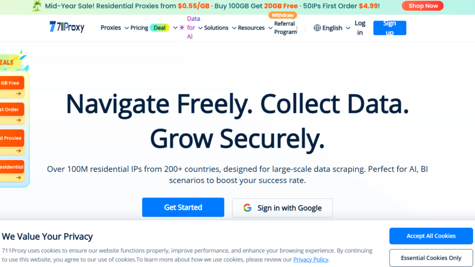 Hero banner for a proxy service: large headline reads 'Navigate Freely. Collect Data. Grow Securely.' with a blue 'Get Started' button and 'Sign in with Google' option; left-hand promotional panel is visible.