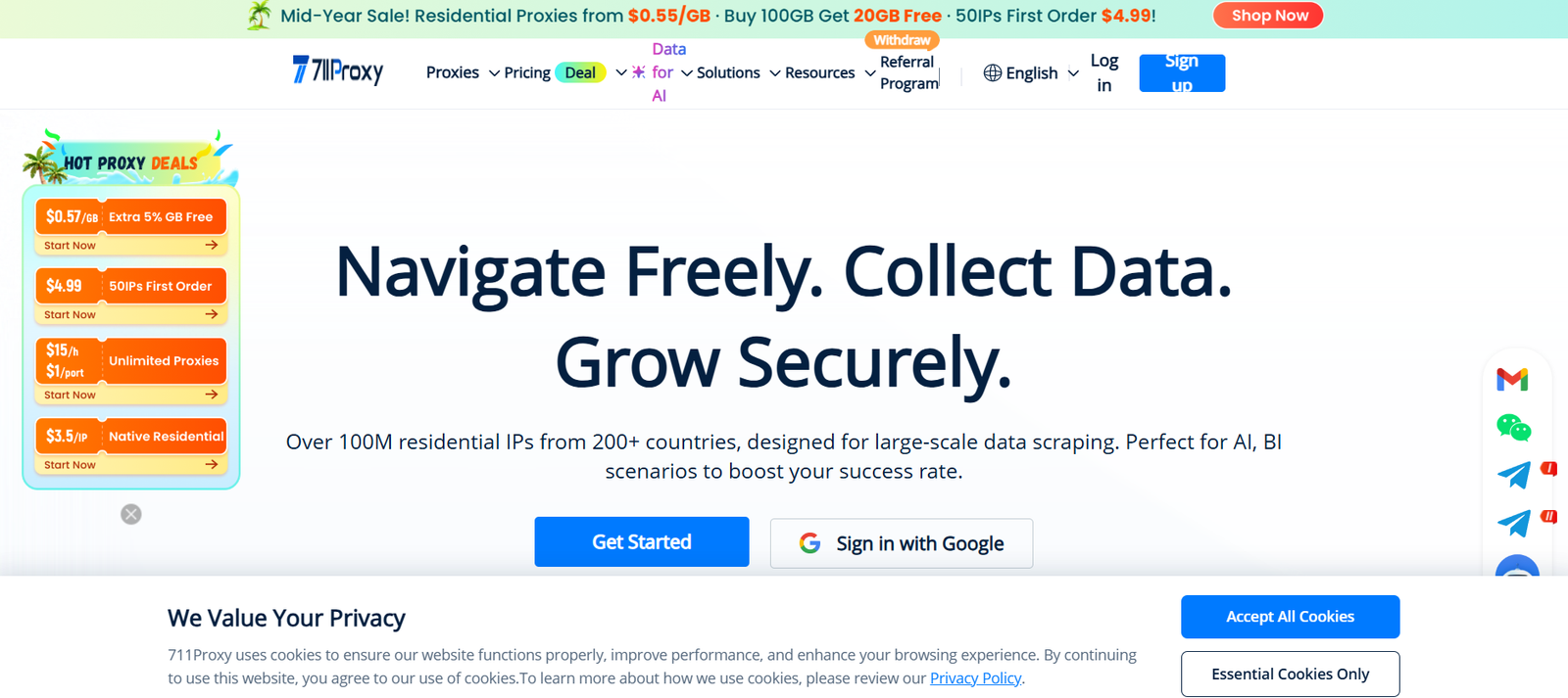 30 - Hero banner for a proxy service: large headline reads 'Navigate Freely. Collect Data. Grow Securely.' with a blue 'Get Started' button and 'Sign in with Google' option; left-hand promotional panel is visible.