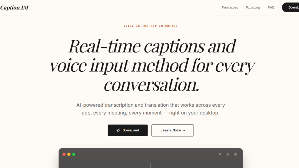 Hero header for Caption.IM: real-time captions and voice input headline with Download and Learn More buttons (landing page).