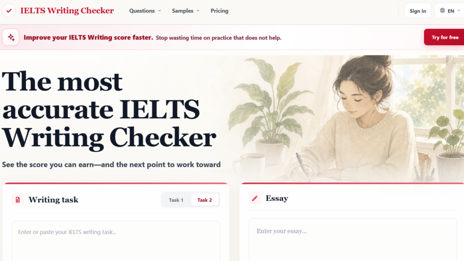 Hero banner: a woman writes at a desk with plants, with the headline 'The most accurate IELTS Writing Checker'.