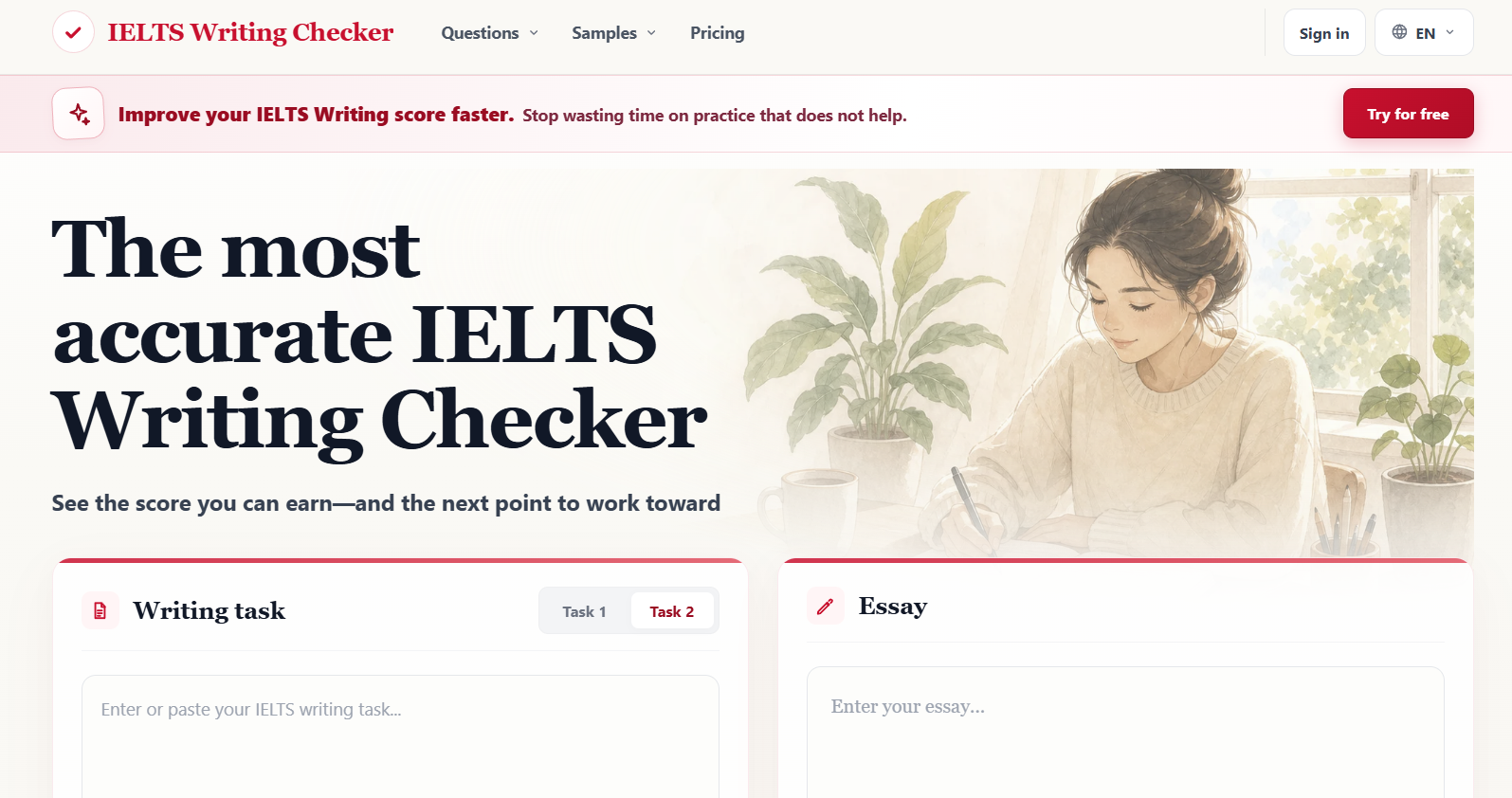 Hero banner: a woman writes at a desk with plants, with the headline 'The most accurate IELTS Writing Checker'.