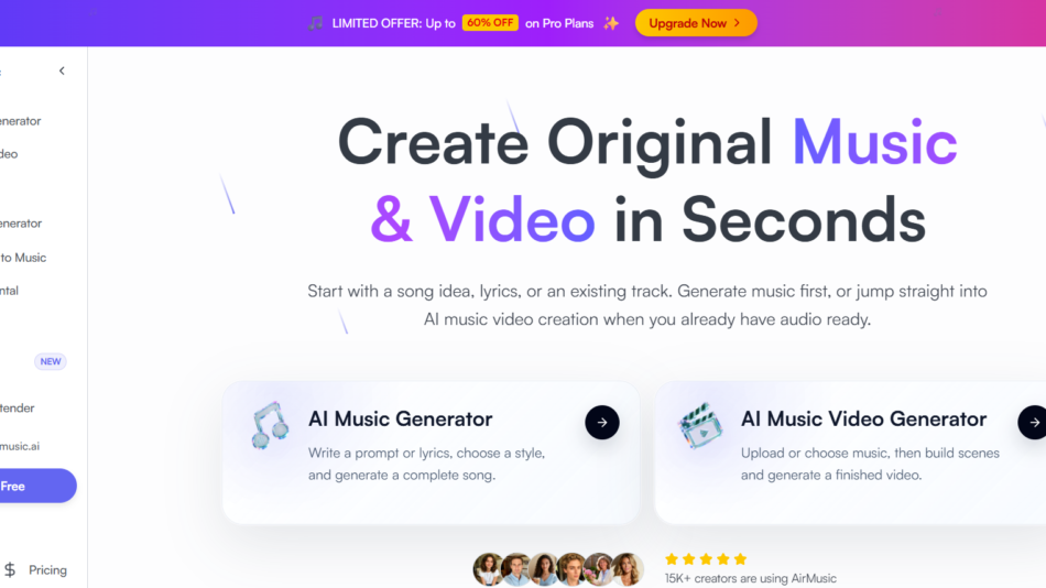 31 - AirMusic homepage hero with a left navigation panel, large headline "Create Original Music & Video in Seconds" and two rounded feature cards for AI Music Generator and AI Music Video Generator on a light gradient background.