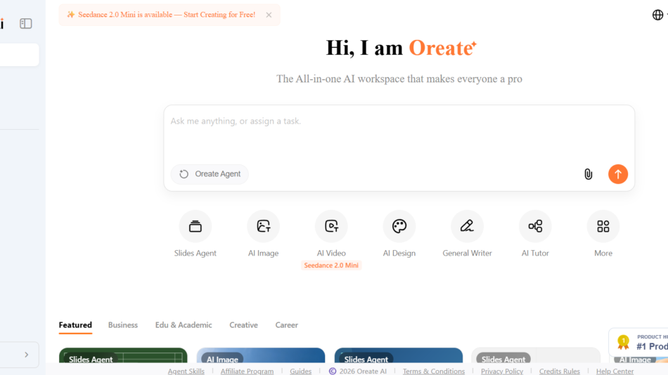 Oreate AI homepage with left navigation, header 'Hi, I am Oreate', and a large chat input area titled 'Ask me anything'.