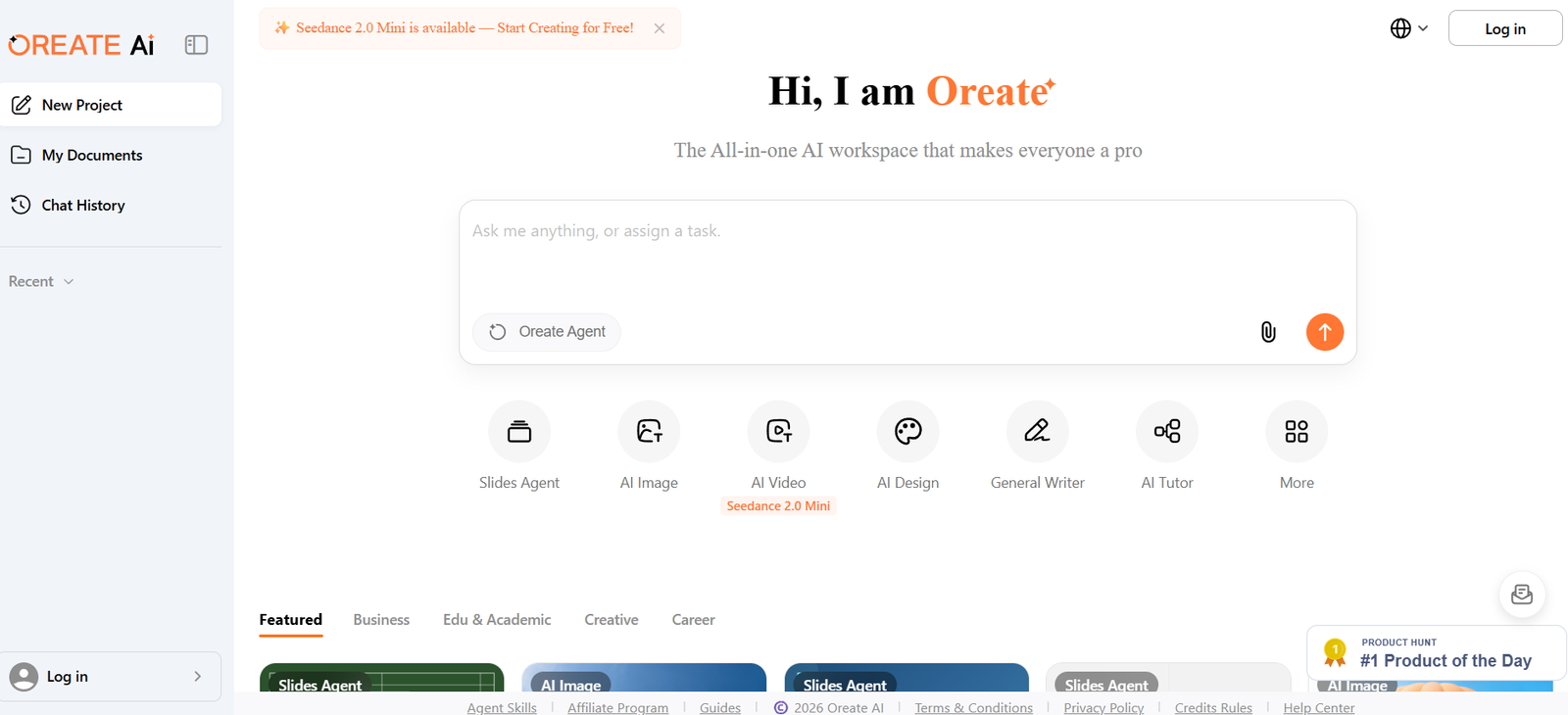 31 - Oreate AI homepage with left navigation, header 'Hi, I am Oreate', and a large chat input area titled 'Ask me anything'.