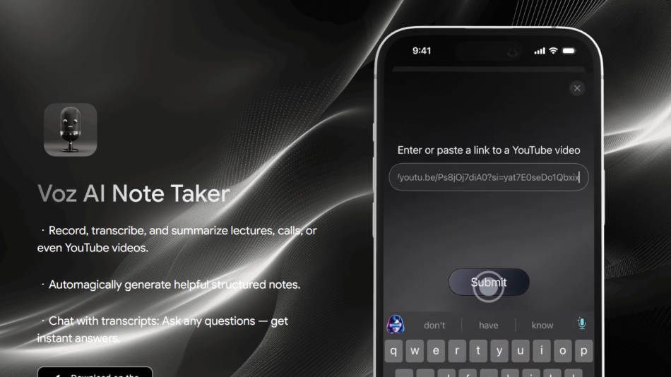 Promotional hero showing Voz AI Note Taker app on a smartphone screen with feature bullets on a dark abstract background.