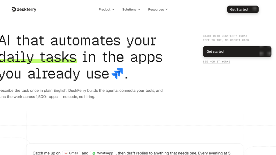 DeskFerry homepage hero featuring the tagline 'AI that automates your daily tasks in the apps you already use' with two right-side Get Started CTAs and a top navigation bar.