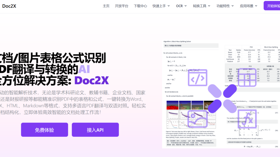 Doc2X hero: bold Chinese headline about AI-powered PDF translation/conversion, two purple CTA buttons, gradient background, right-side logo collage.