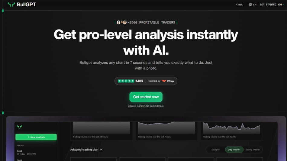 32 - BullGPT hero section with bold white headline 'Get pro-level analysis instantly with AI' on a dark gradient background, subheading text, and a green 'Get started now' button.