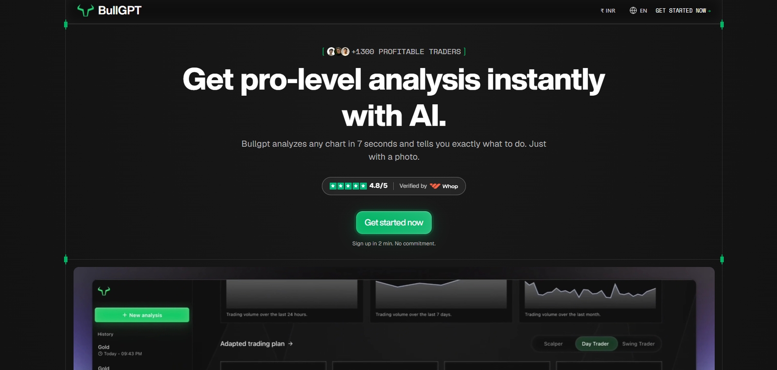 32 - BullGPT hero section with bold white headline 'Get pro-level analysis instantly with AI' on a dark gradient background, subheading text, and a green 'Get started now' button.