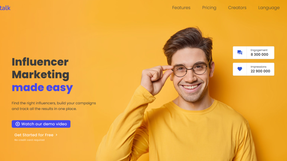 32 - Hero banner: smiling man in a yellow shirt against an orange background; bold headline 'Influencer Marketing made easy' on the left.