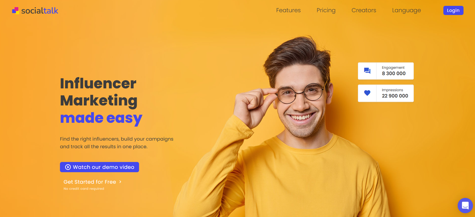 Hero banner: smiling man in a yellow shirt against an orange background; bold headline 'Influencer Marketing made easy' on the left.