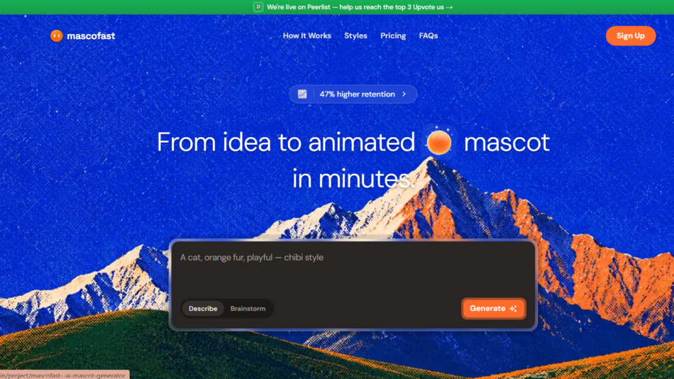 Hero section with blue mountain background, MascotFast branding, and headline 'From idea to animated mascot in minutes'.