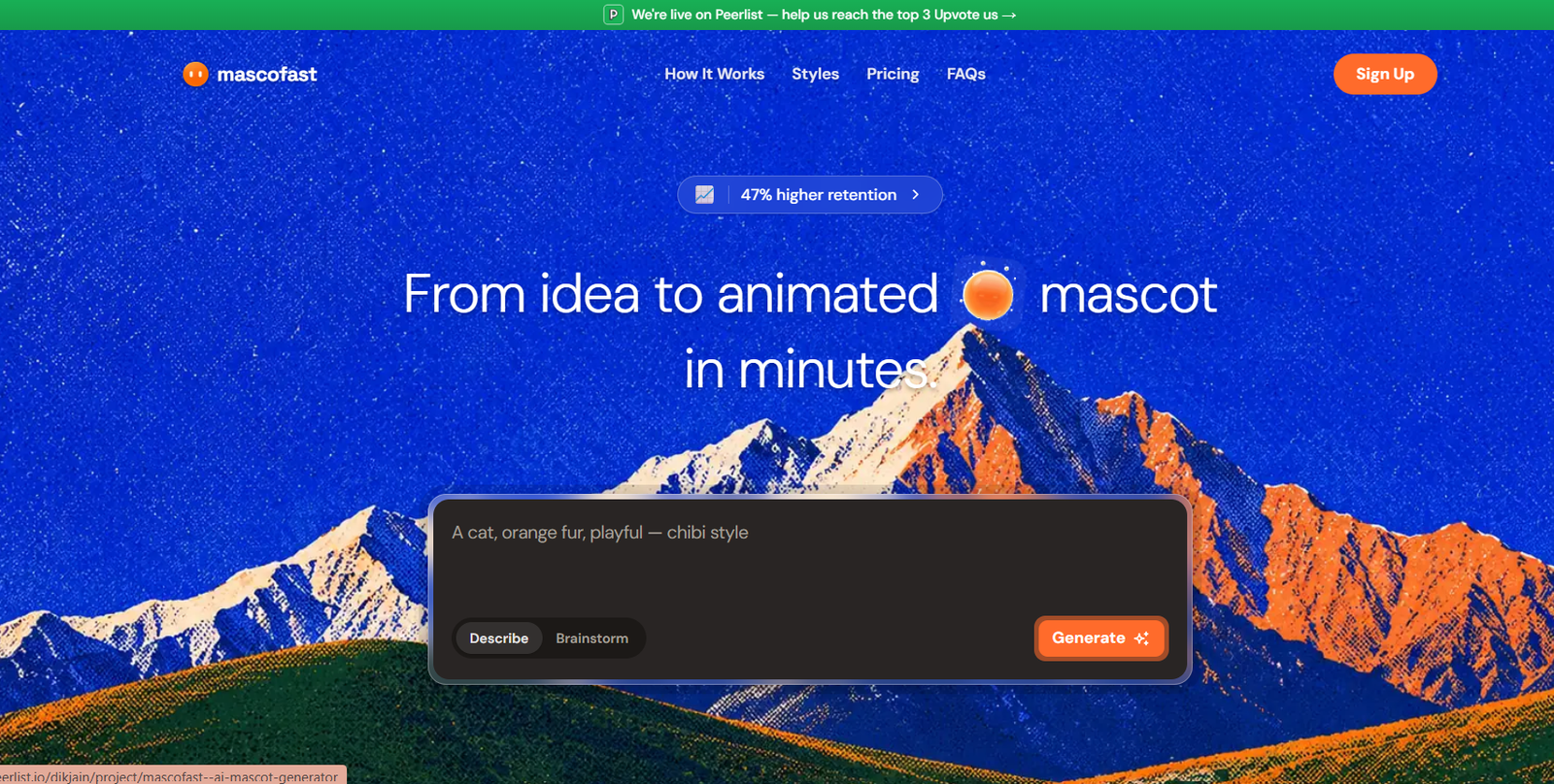 32 - Hero section with blue mountain background, MascotFast branding, and headline 'From idea to animated mascot in minutes'.