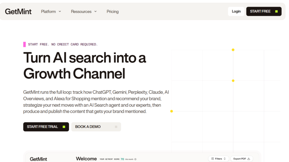 33 - Hero section from GetMint homepage: large headline 'Turn AI search into a Growth Channel' with supporting paragraph and two CTAs ('Start Free Trial' and 'Book a Demo'), plus a right-side grid graphic.