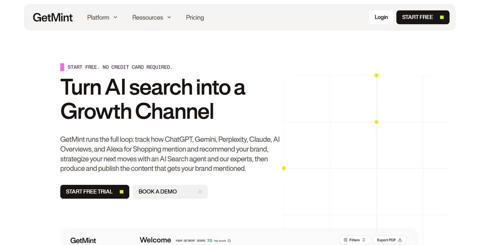 33 - Hero section from GetMint homepage: large headline 'Turn AI search into a Growth Channel' with supporting paragraph and two CTAs ('Start Free Trial' and 'Book a Demo'), plus a right-side grid graphic.