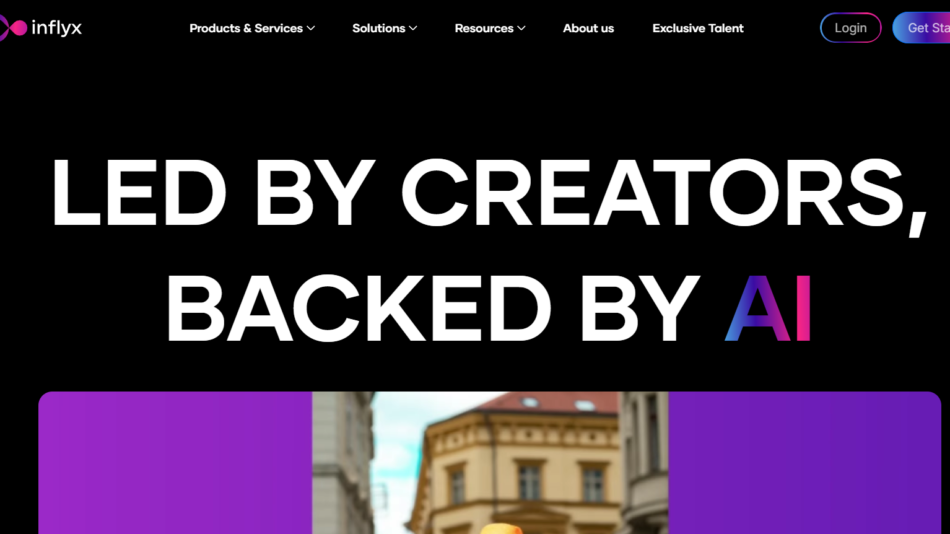 33 - Hero section with Inflyx logo and navigation on black, featuring the bold white headline 'LED BY CREATORS, BACKED BY AI' and a purple rounded panel showing a city street photo below.