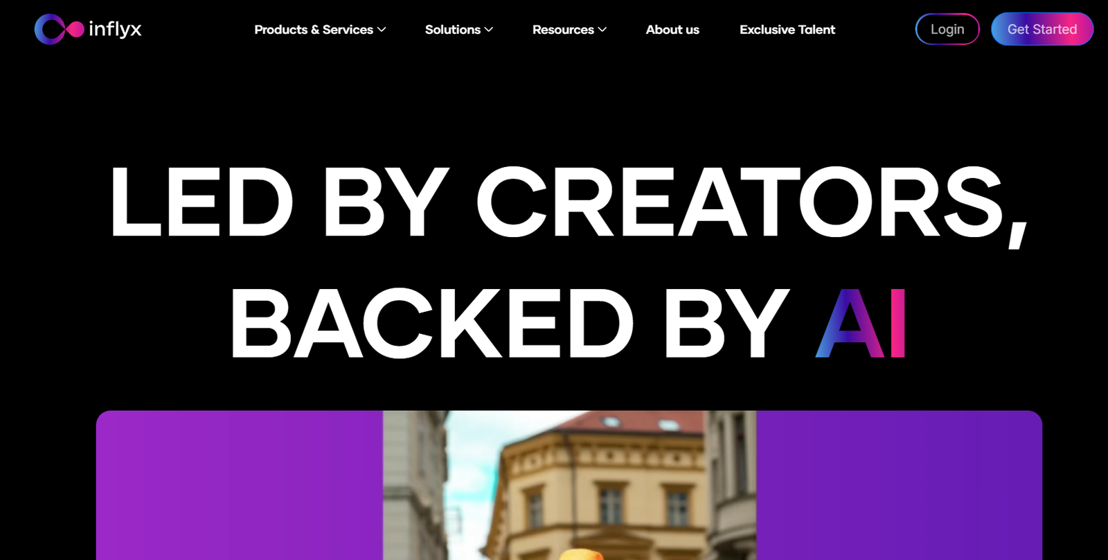Hero section with Inflyx logo and navigation on black, featuring the bold white headline 'LED BY CREATORS, BACKED BY AI' and a purple rounded panel showing a city street photo below.