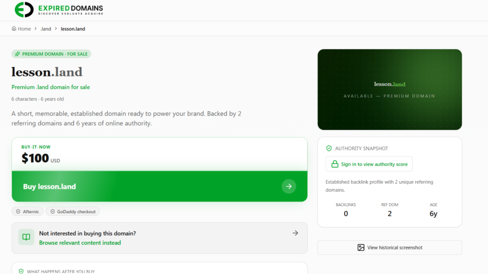 Domain page for lesson.land on ExpiredDomains with price $100 and Buy button highlighted on left, green gradient card below, and authority snapshot panel on the right