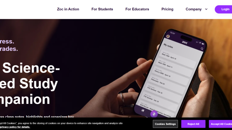 Hero header showing a hand holding a smartphone with the Zoc app, overlaid by the bold slogan 'The Science-Based Study Companion' on the left.