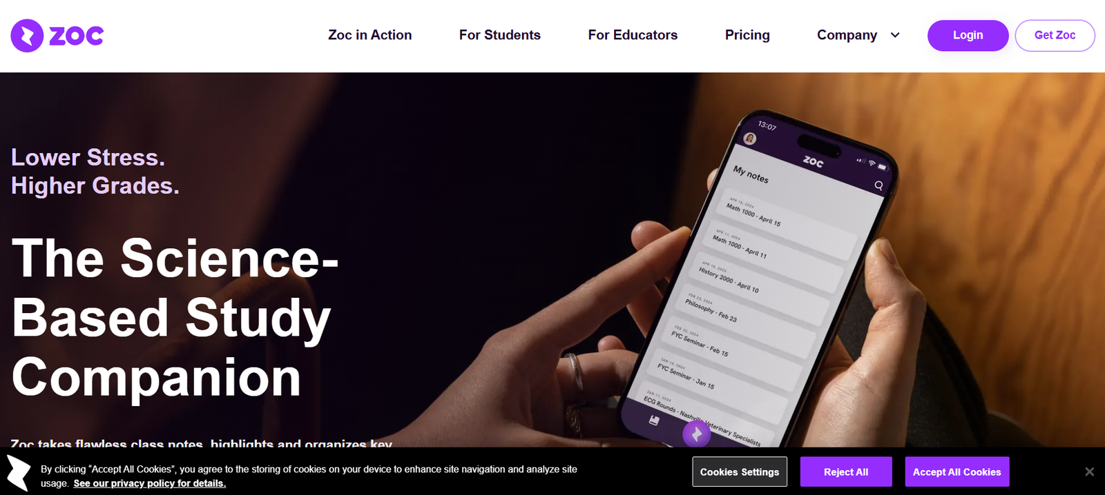 33 - Hero header showing a hand holding a smartphone with the Zoc app, overlaid by the bold slogan 'The Science-Based Study Companion' on the left.