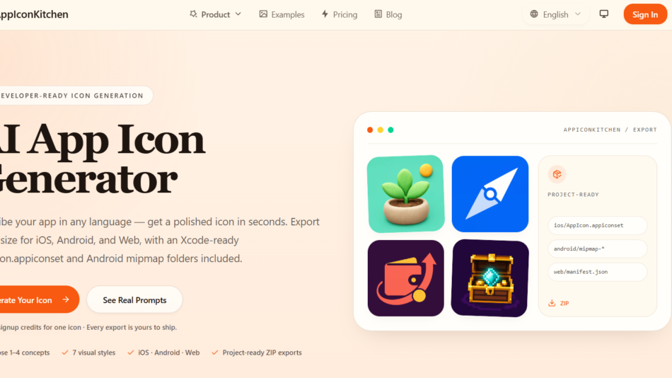 Hero section for AppIconKitchen: peach gradient background with large 'AI App Icon Generator' heading, descriptive text, orange 'Generate Your Icon' button, and a rounded right-side mockup of app icons.
