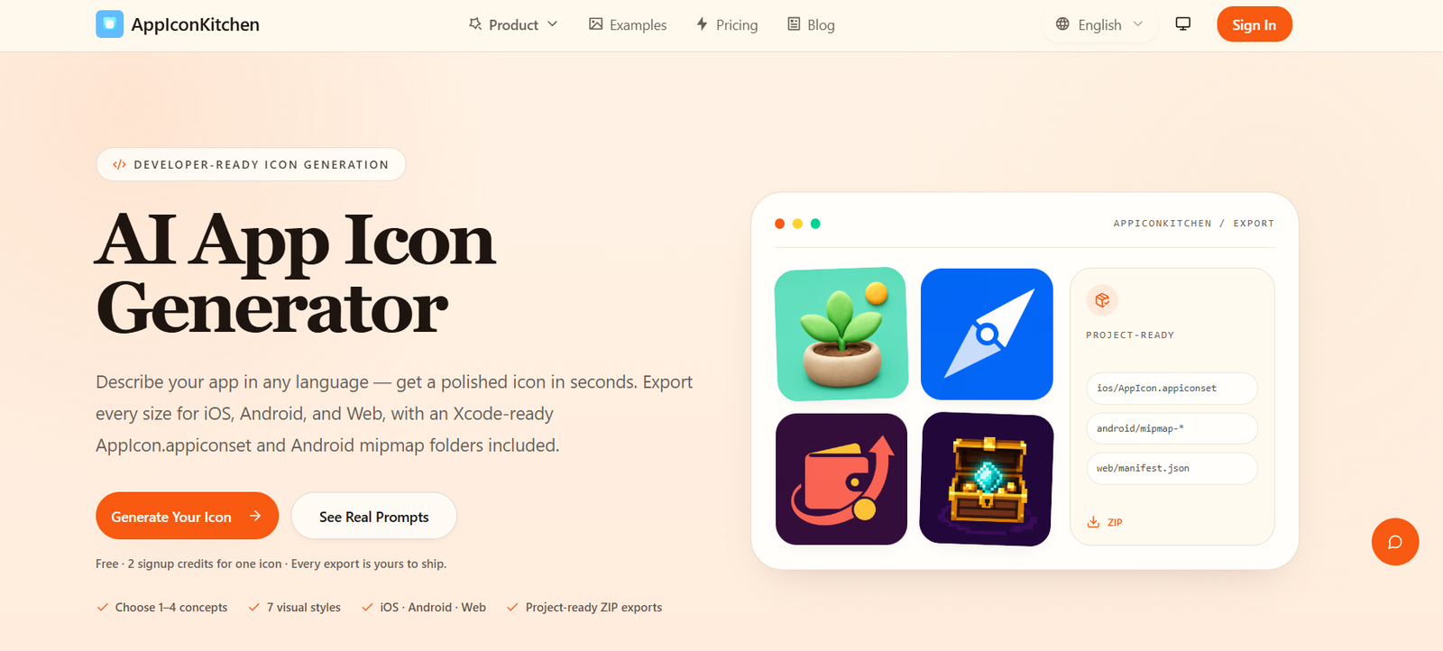 33 - Hero section for AppIconKitchen: peach gradient background with large 'AI App Icon Generator' heading, descriptive text, orange 'Generate Your Icon' button, and a rounded right-side mockup of app icons.