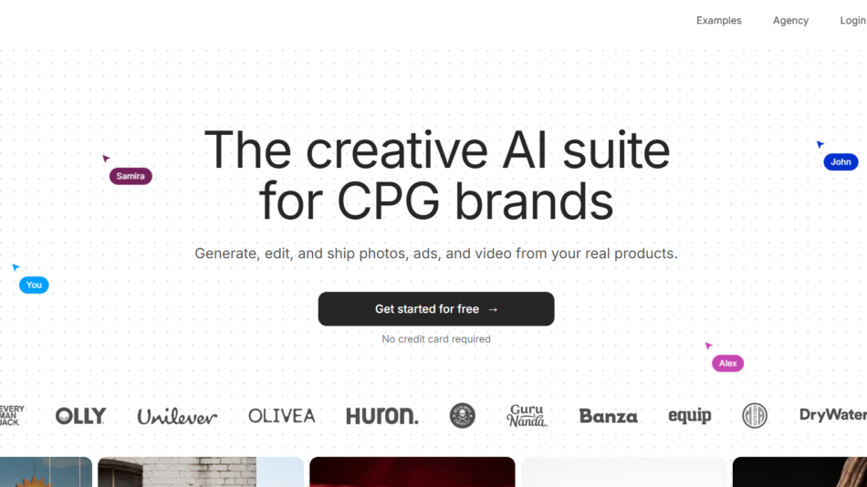 34 - Hero banner for PIKES: 'The creative AI suite for CPG brands' with dotted background, floating user avatars, and sponsor logos along the bottom.