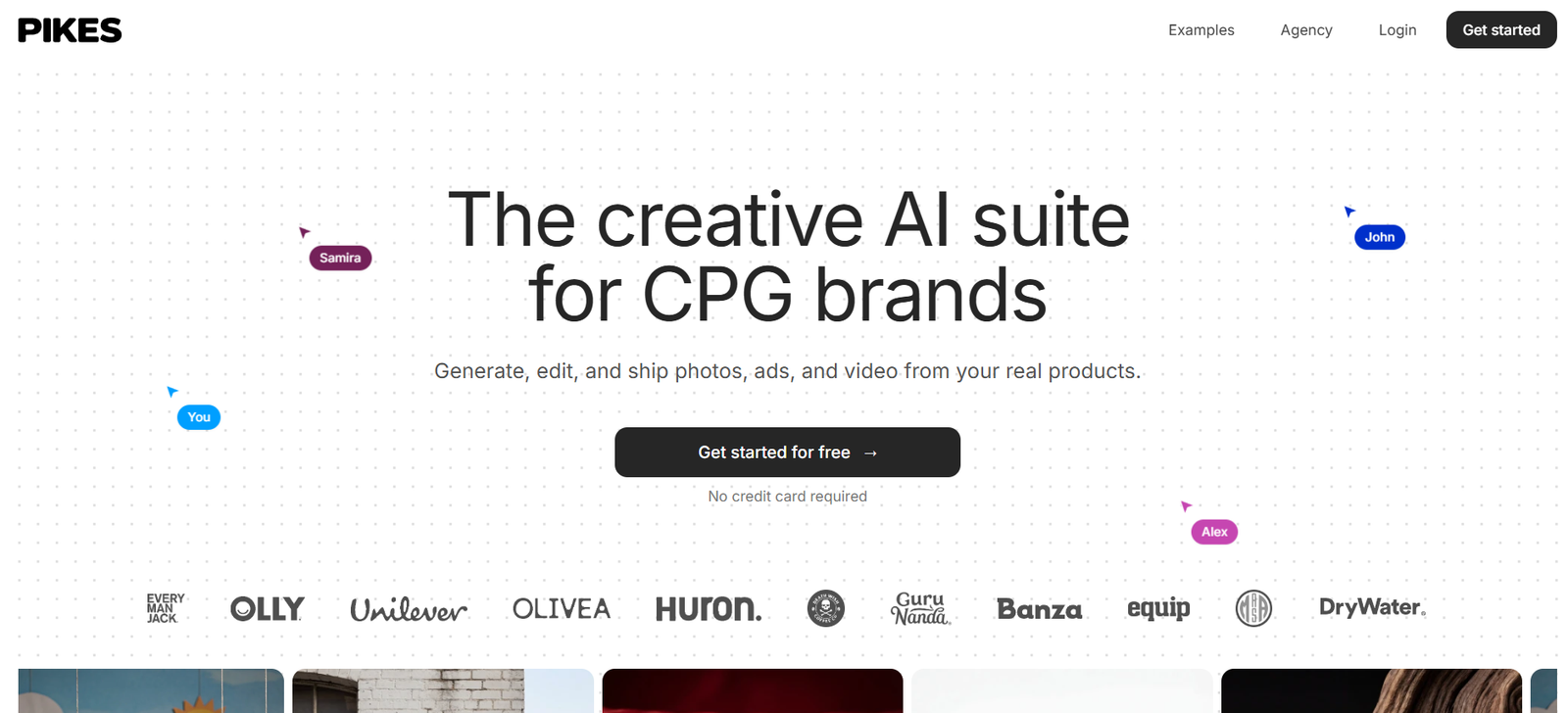 34 - Hero banner for PIKES: 'The creative AI suite for CPG brands' with dotted background, floating user avatars, and sponsor logos along the bottom.
