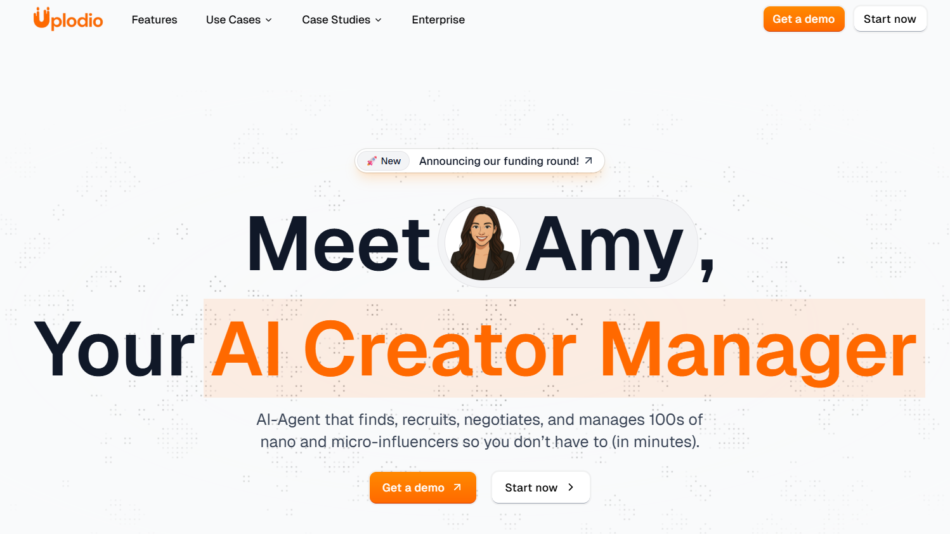 34 - Hero banner: 'Meet Amy, Your AI Creator Manager' with a cartoon avatar and CTA buttons 'Get a demo' and 'Start now' on a light background.