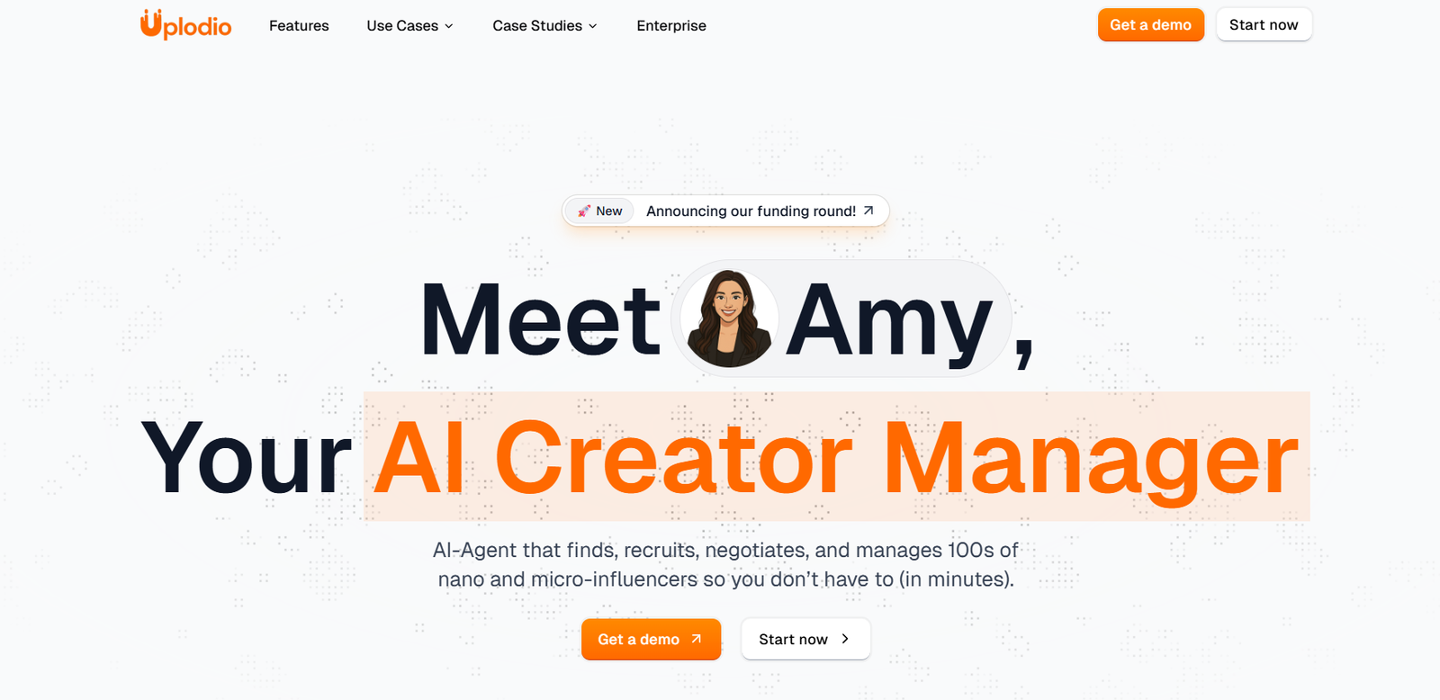 Hero banner: 'Meet Amy, Your AI Creator Manager' with a cartoon avatar and CTA buttons 'Get a demo' and 'Start now' on a light background.
