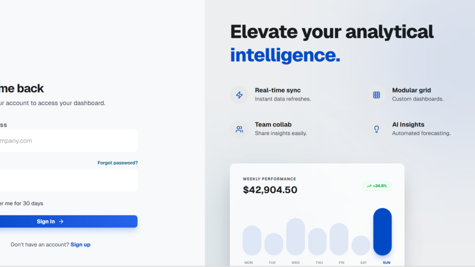 Split-screen page: left login form with the DAVIO logo and 'Welcome back'; right panel with 'Elevate your analytical intelligence' and four feature icons.