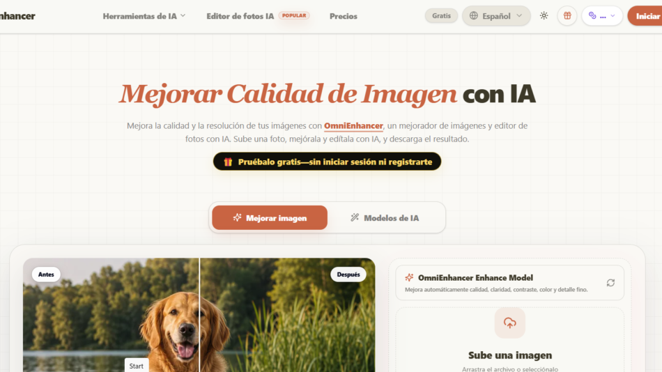 Hero de OmniEnhancer que promueve mejorar la calidad de imágenes con IA, con un botón para probar gratis sin iniciar sesión ni registrarte y un botón grande de 'Mejorar imagen'.