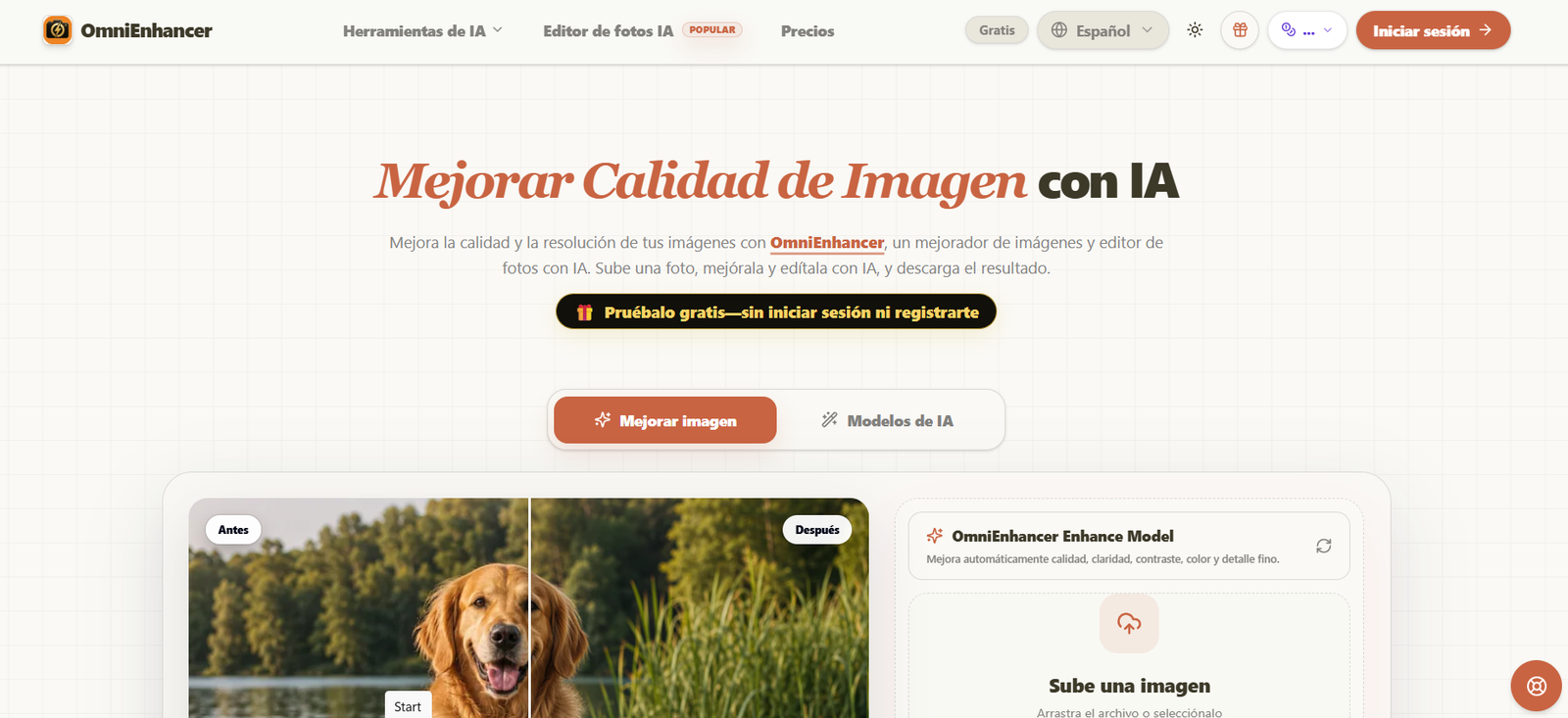 34 - Hero de OmniEnhancer que promueve mejorar la calidad de imágenes con IA, con un botón para probar gratis sin iniciar sesión ni registrarte y un botón grande de 'Mejorar imagen'.