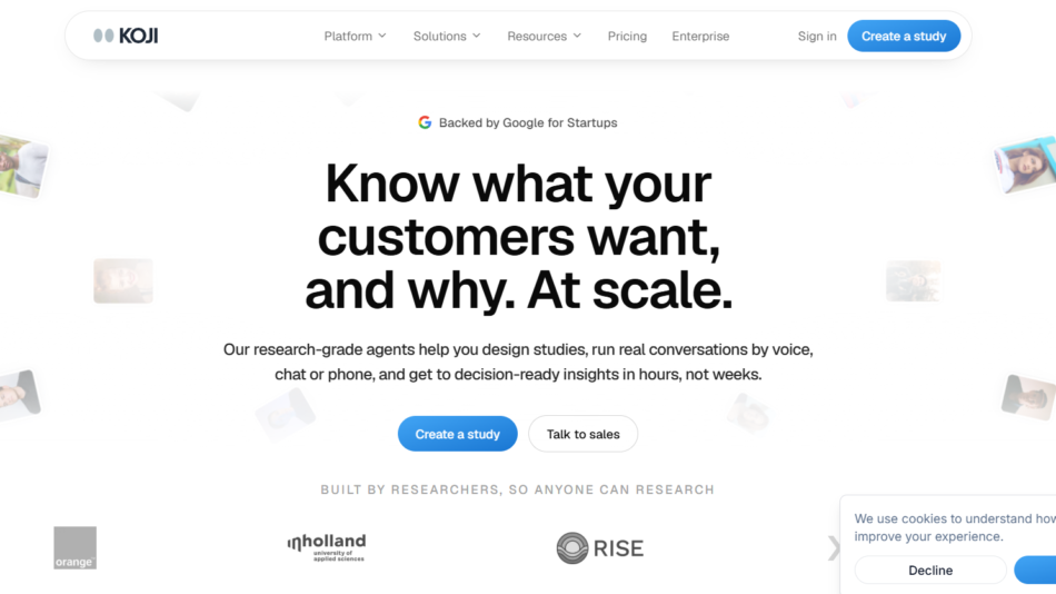 35 - Hero banner for Koji: bold headline about knowing what customers want, with two call-to-action buttons Create a study and Talk to sales.