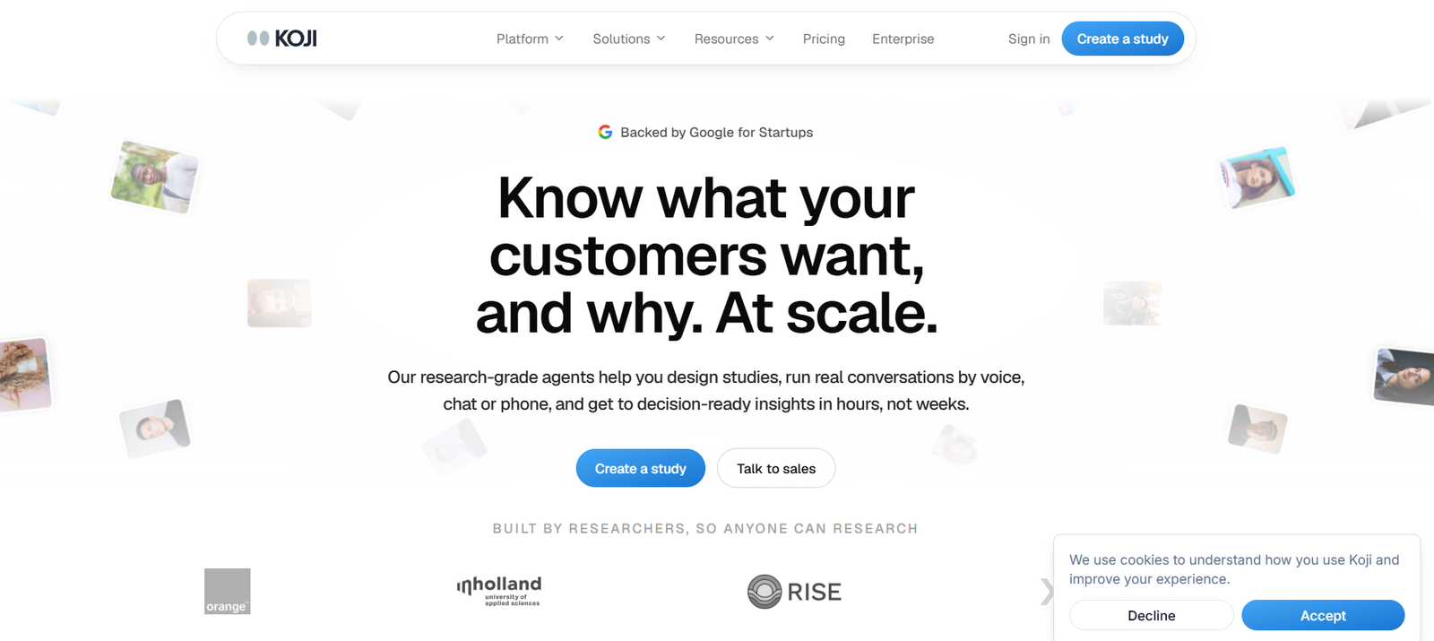 35 - Hero banner for Koji: bold headline about knowing what customers want, with two call-to-action buttons Create a study and Talk to sales.