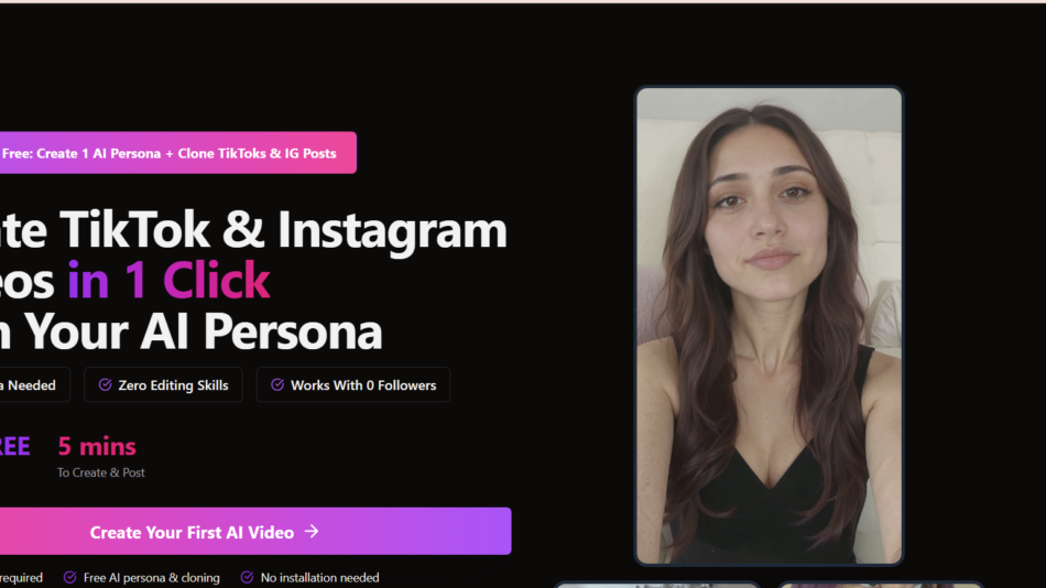 35 - Hero section promoting AI persona video creation with a portrait selfie on a phone mockup to the right