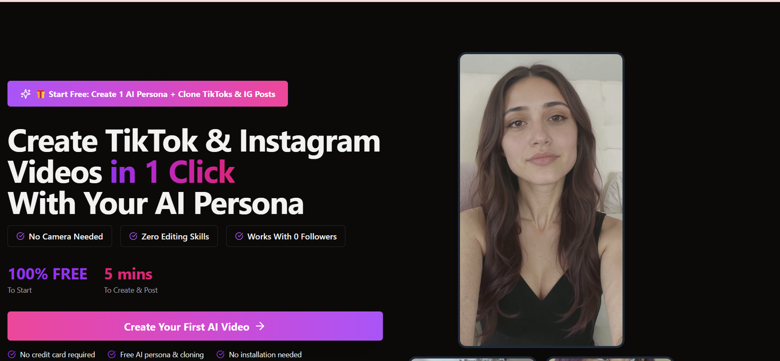Hero section promoting AI persona video creation with a portrait selfie on a phone mockup to the right