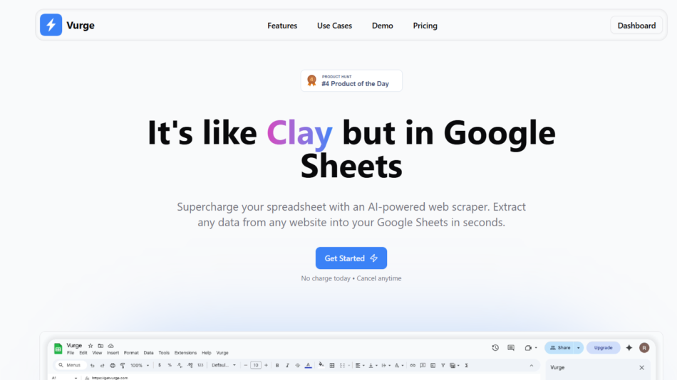 Hero banner with logo and navigation, large headline: "It’s like Clay but in Google Sheets" with the word Clay highlighted in a purple-to-blue gradient and a blue Get Started button beneath.