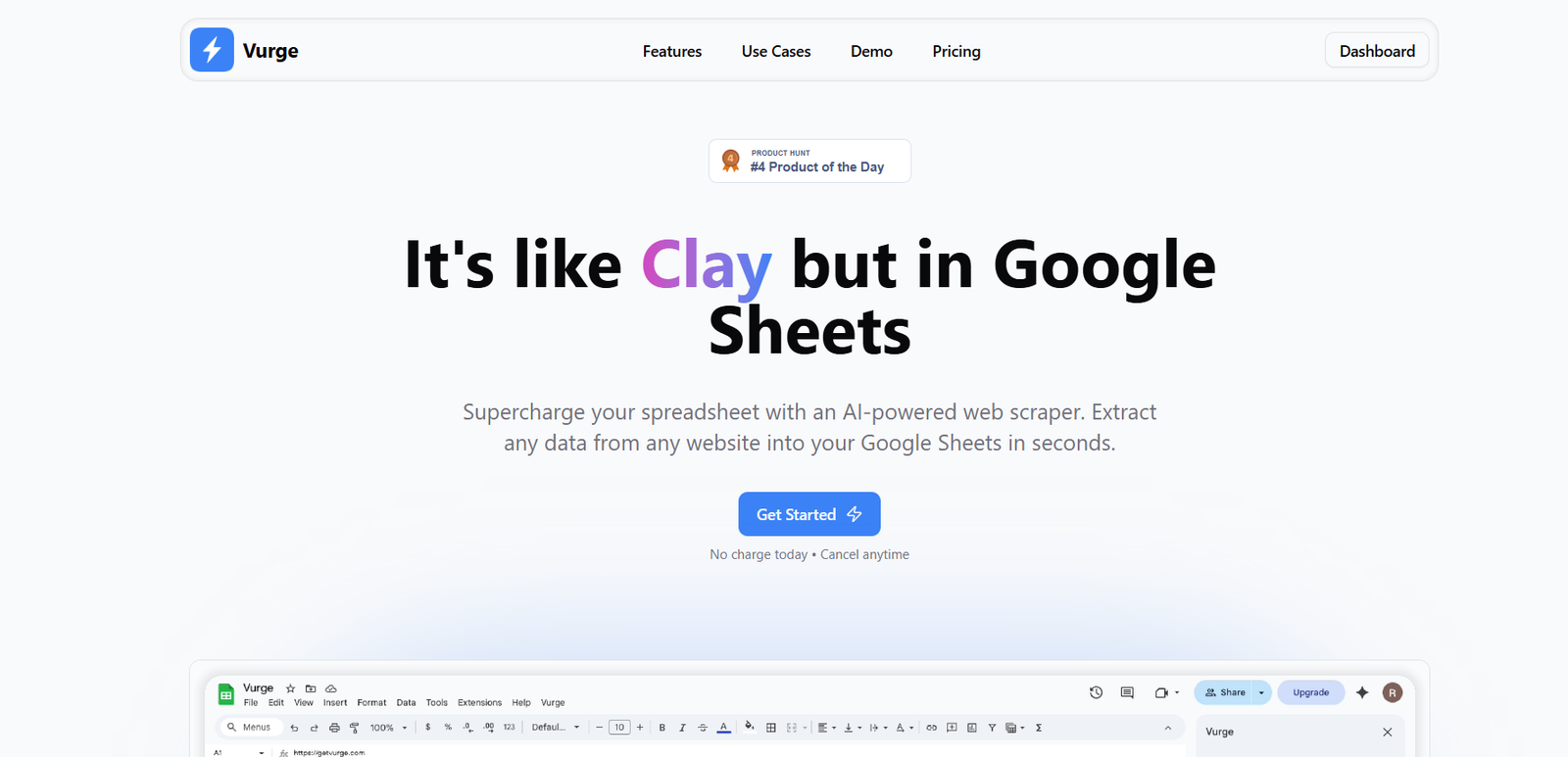 35 - Hero banner with logo and navigation, large headline: "It’s like Clay but in Google Sheets" with the word Clay highlighted in a purple-to-blue gradient and a blue Get Started button beneath.